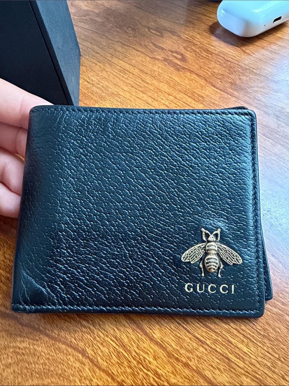 Gucci Black Leather Bi-Fold Wallet with Gold Bee Authentic